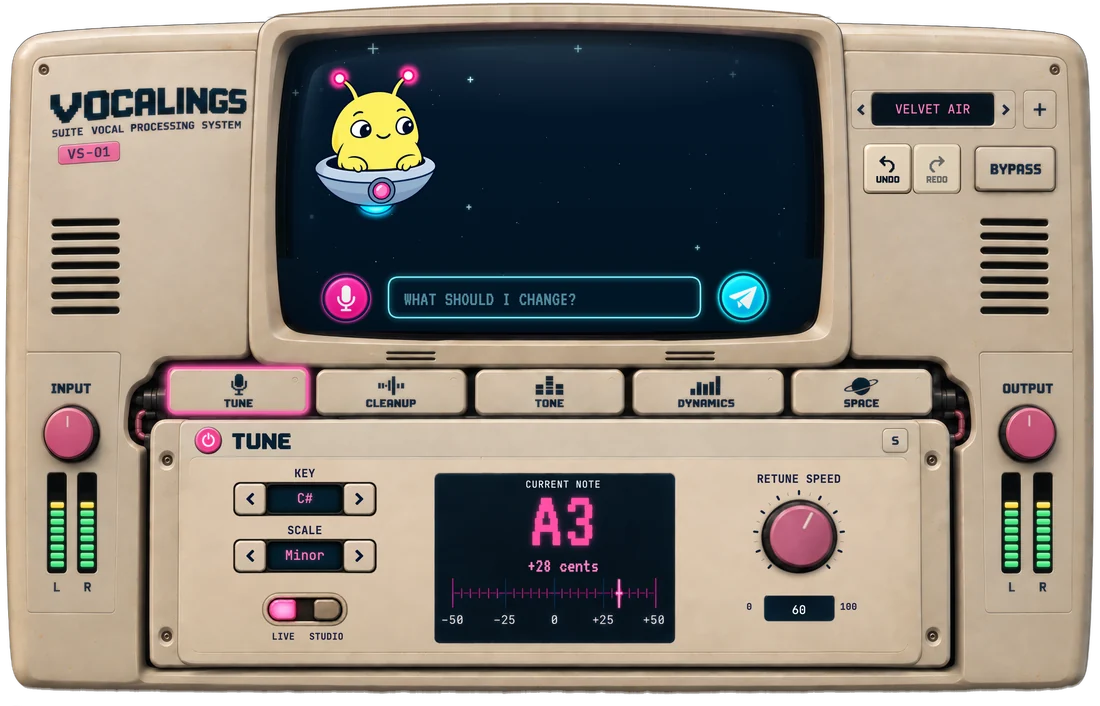 Vocalings Suite, the plugin: the buddy's screen, the five module keys and the TUNE module